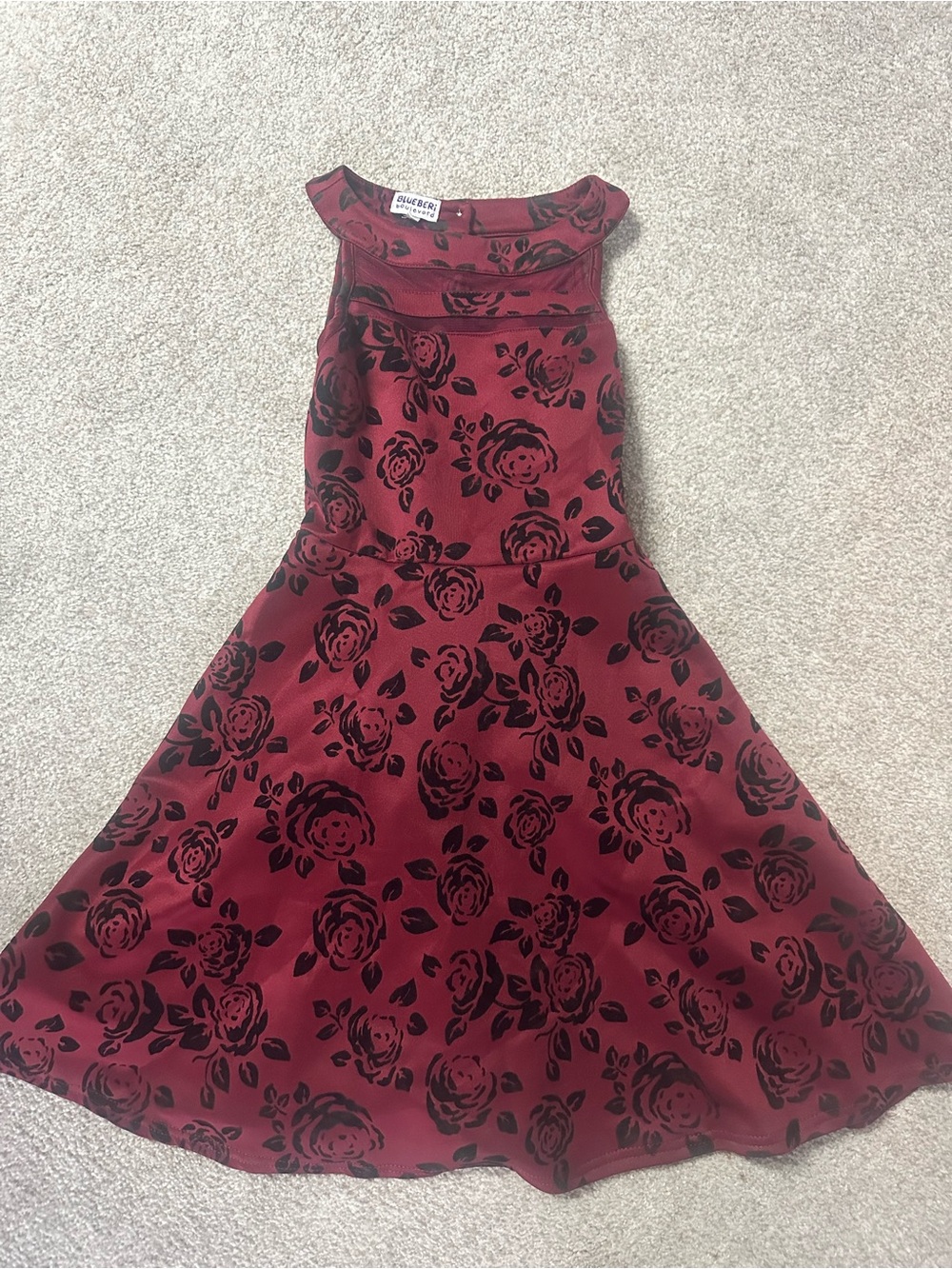 Blueberi Boulevard Burgundy Dress with Black Rose Print